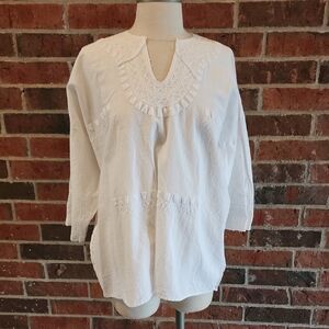 Vintage Handmade White Emboidered Blouse 100% Cotton Linen L/XL